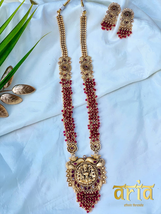 Lord Lakshmi Antique Temple Long Necklace set - Ruby Red