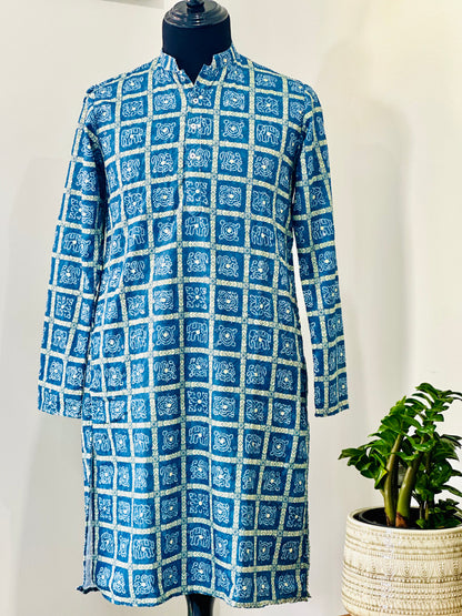 Printed Cotton Mens Long Kurta- Indigo Blue
