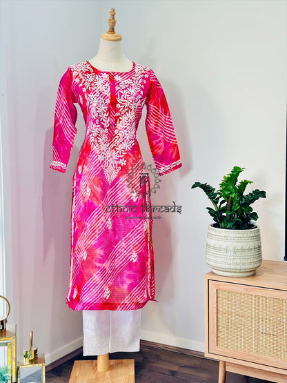 Chikankari Long Kurta In Kota - Magenta