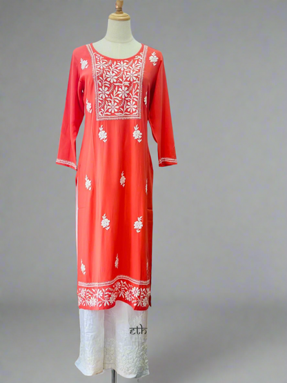 Chikankari Long Kurta In Muslin - Peach