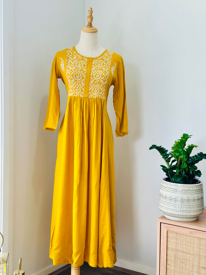 Chikankari Long Anarkali Kurta In Muslin - Musturd