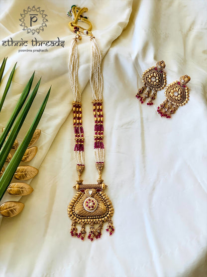 Temple Long Necklace Set- Ruby Stones