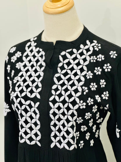 Lucknowi Chikankari  Cotton Women's Flared Short Kurta - Black