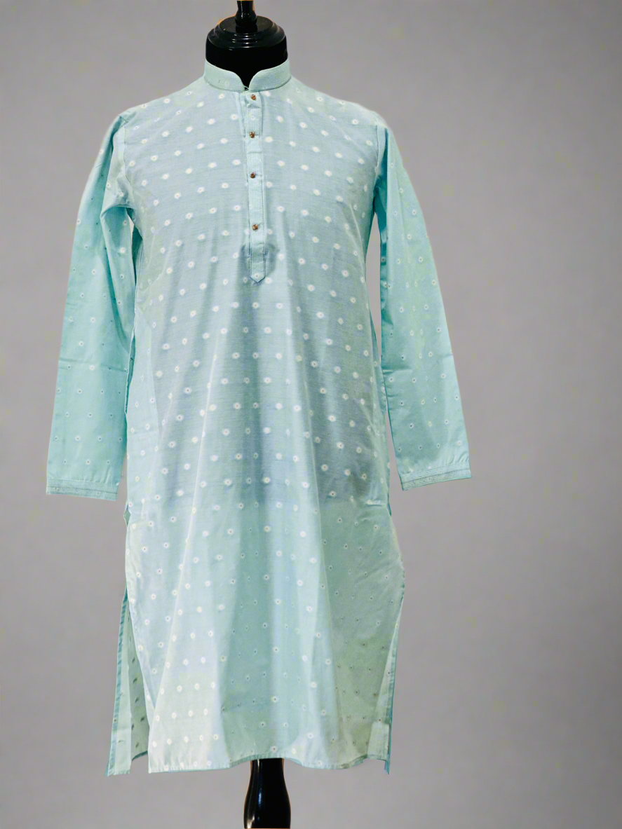 Printed Cotton Mens Long Kurta- Baby Blue
