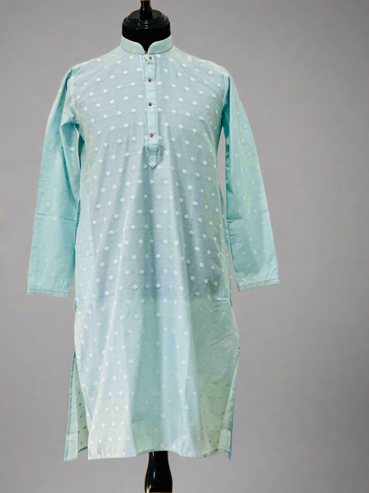 Printed Cotton Mens Long Kurta- Baby Blue