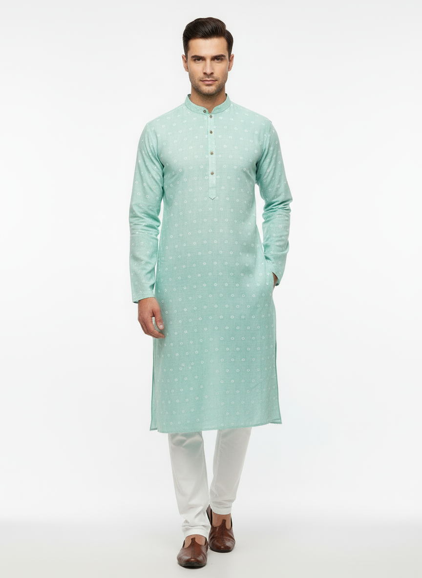 Printed Cotton Mens Long Kurta- Baby Blue