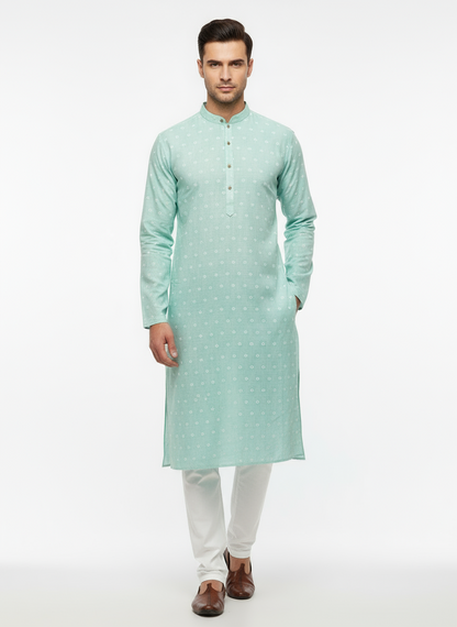 Printed Cotton Mens Long Kurta- Baby Blue