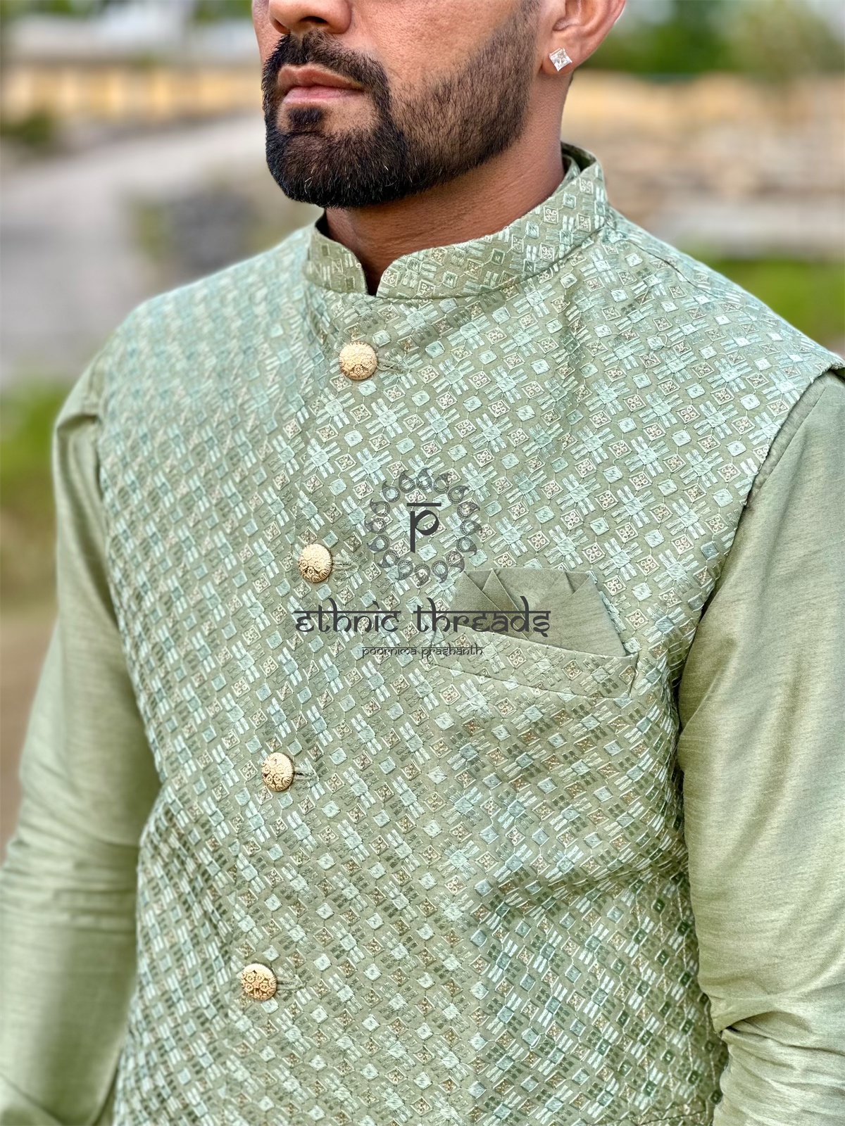 Raw Silk Mens Long Kurta with Embroidery Jacket