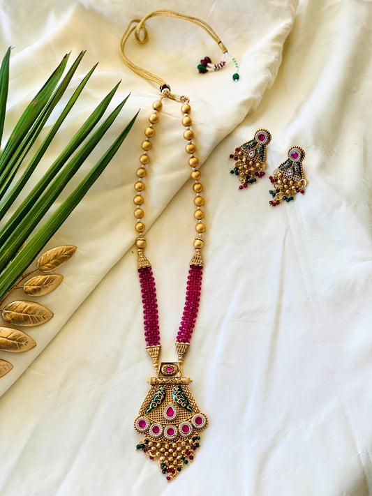 Temple Long Necklace Meenakari Kundan Set- Ruby & White Stones