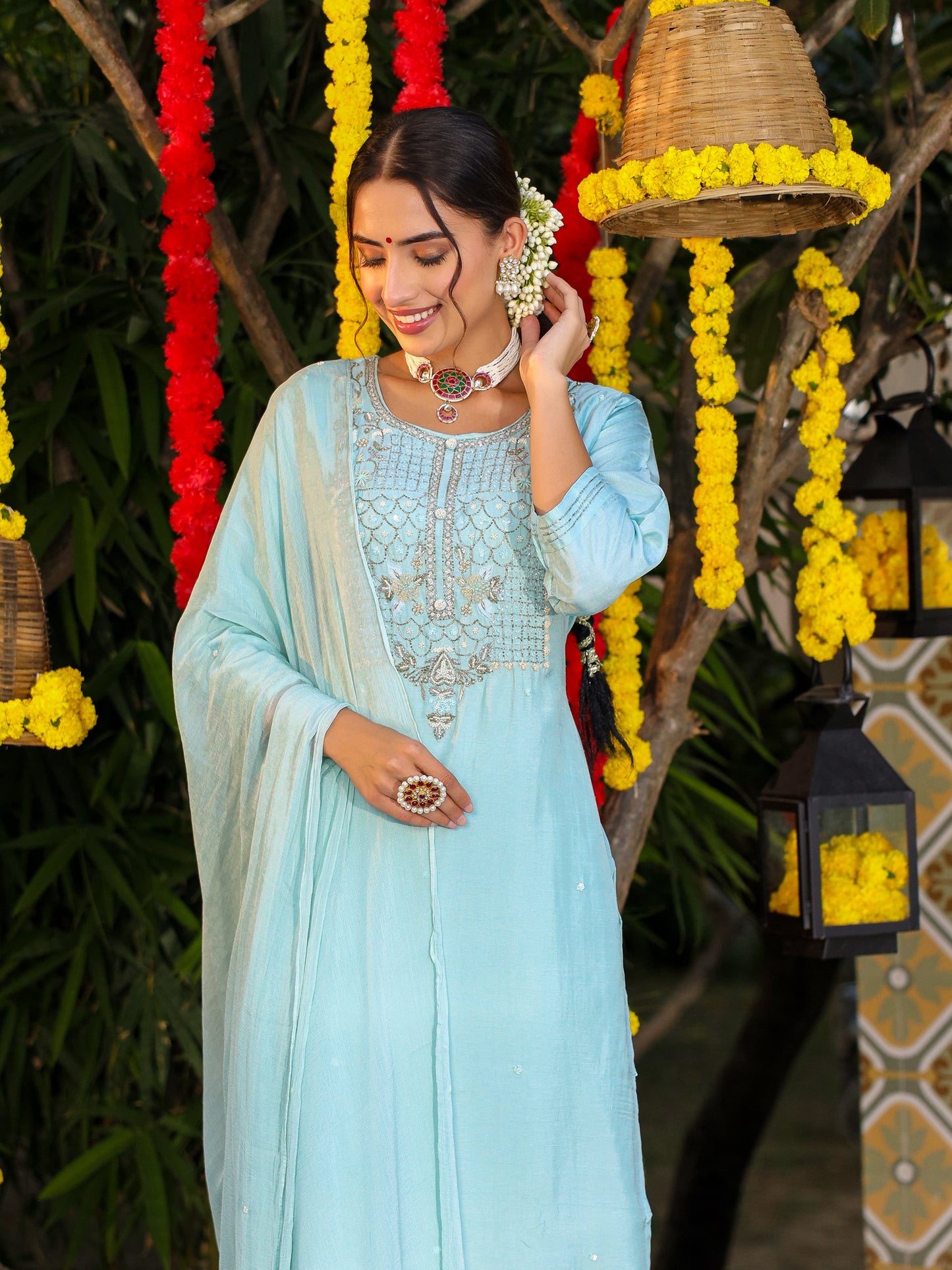 Powder Blue Silk Salwar Set with Zardosi , and Three-Quarter Sleeves