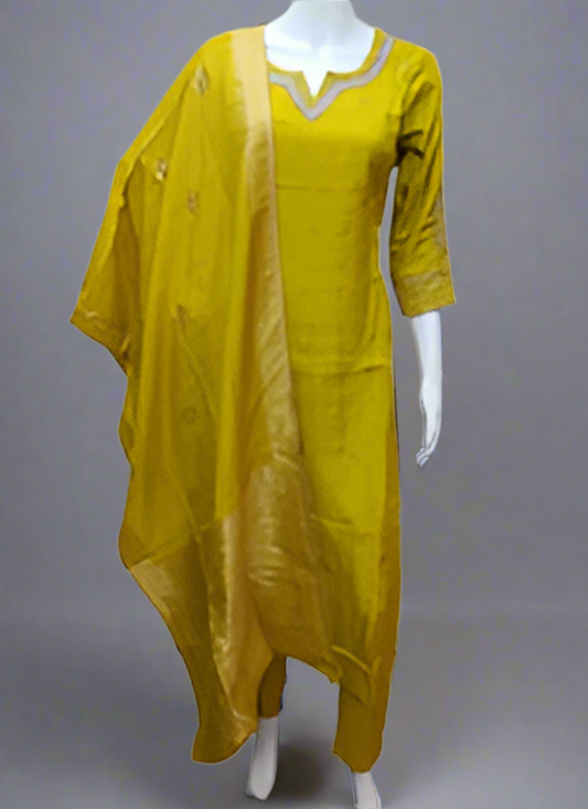 Mustard Silk Salwar Set with Zardosi , U-Neck, and Three-Quarter Sleeves