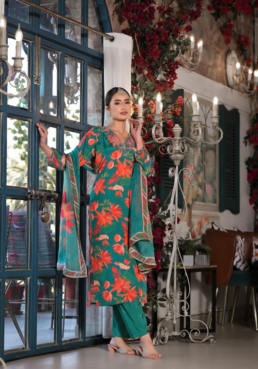 Green Printed Silk Salwar Set with Zardosi , and Three-Quarter Sleeves