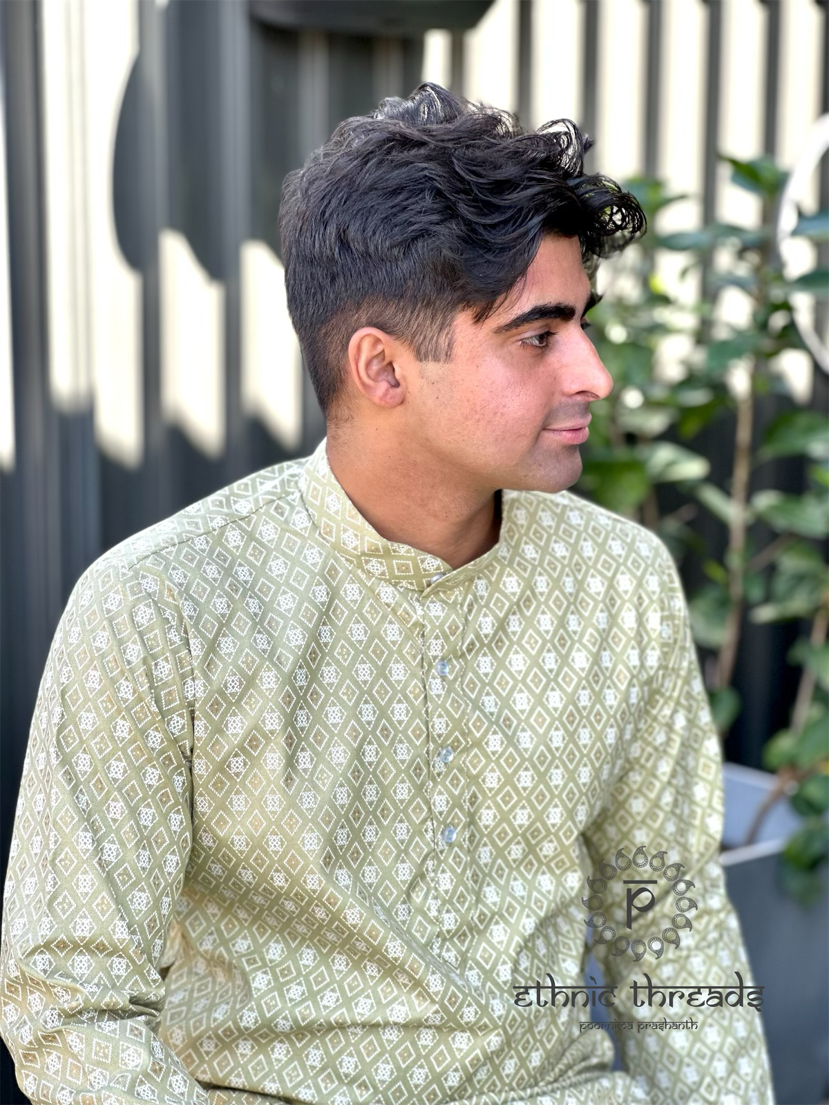 Printed Cotton Mens Long Kurta- Olive Green