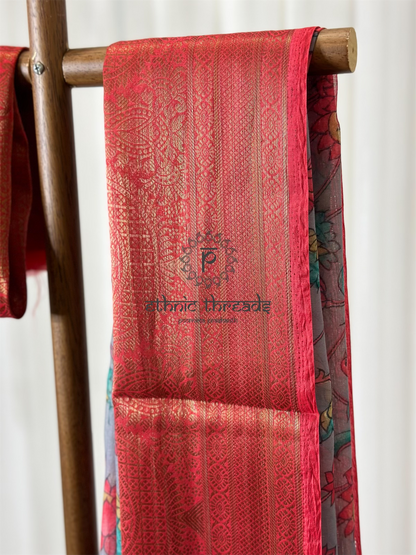 Silk Cotton Saree with Floral Prints & Zari Border