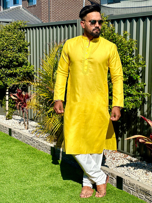 Cotton Mens Long Kurta- Yellow