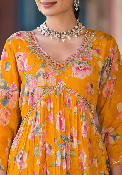 Orange Georgette Kurta Set with Embroidery, V-Neck, and Three-Quarter Sleeves