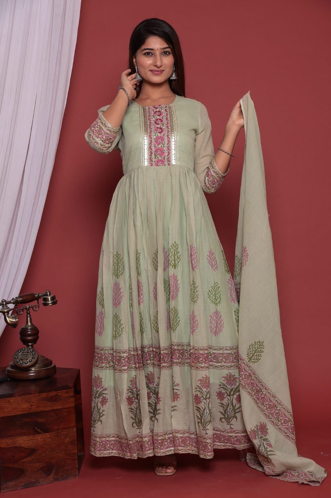 Pastel Green Embroidered Cotton Anarkali Style Kurti