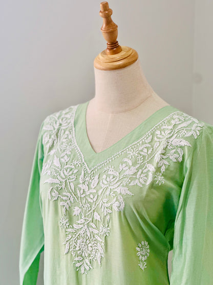 Chikankari Long Kurta In Silk - Pastel Green
