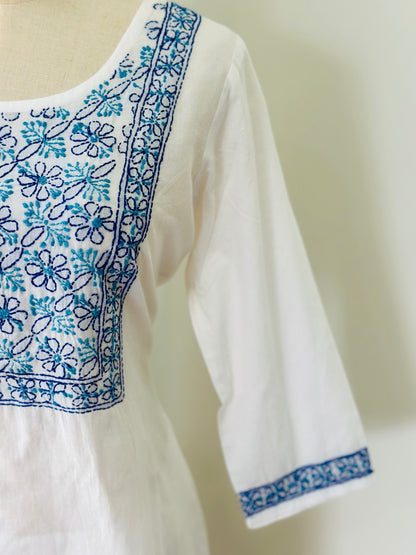 Chikankari Long Kurta In Cotton - White/ Blue