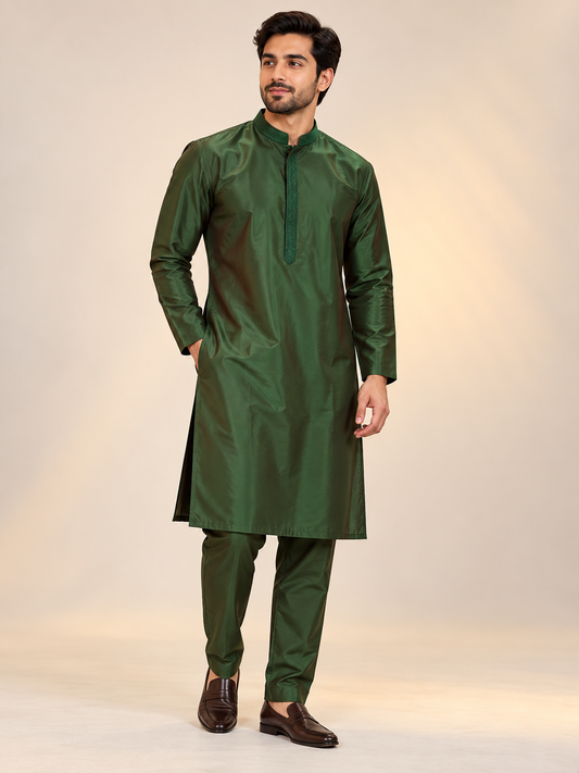 Deep Green Taffeta Men’s Kurtha Set