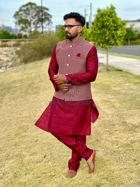 Raw Silk Mens Long Kurta with Embroidery Jacket