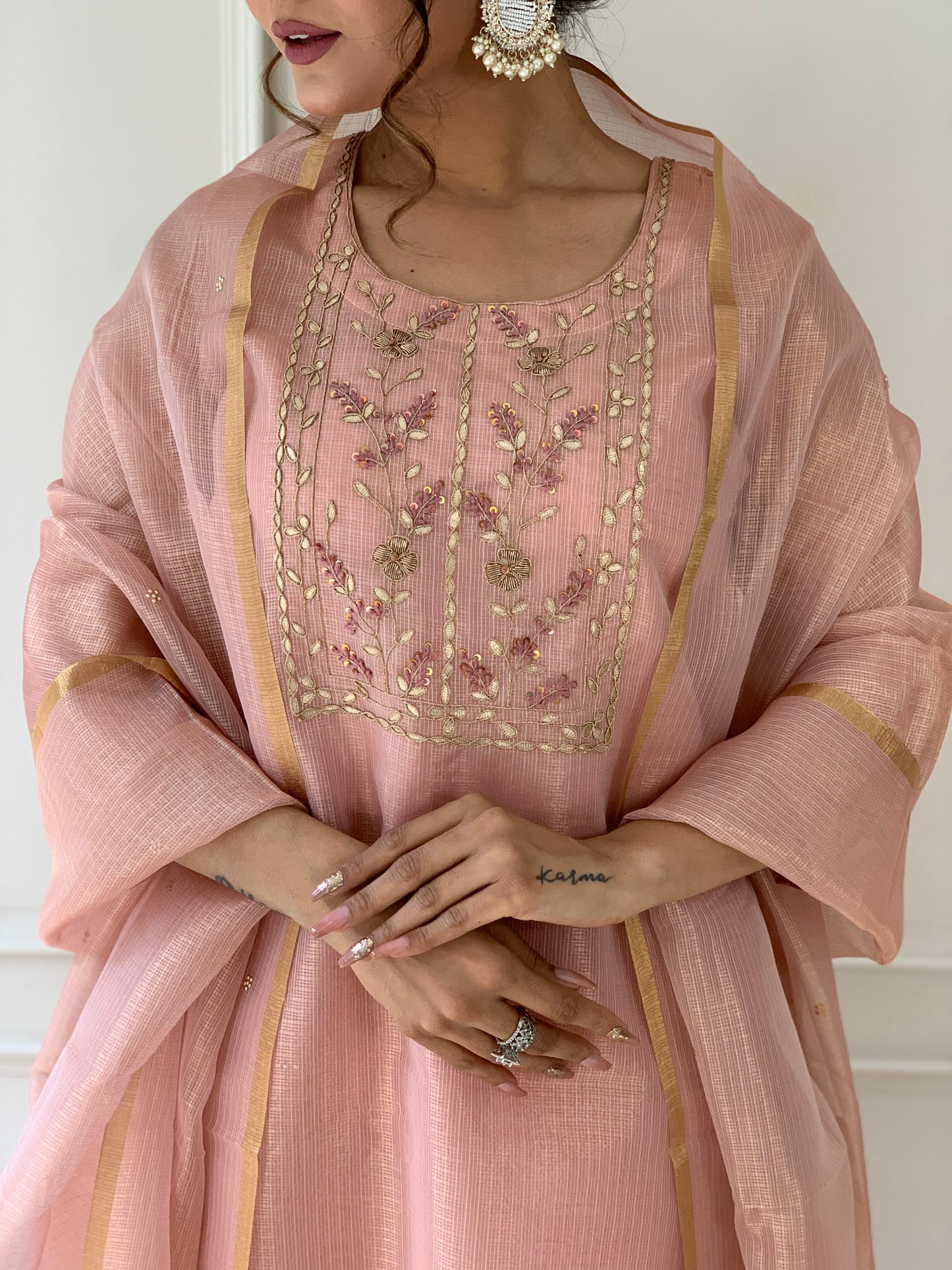 Pastel Pink Tissue Silk Salwar Set with Zardosi , and Three-Quarter Sleeves