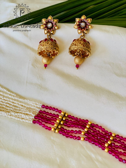 Temple Long Necklace Meenakari Kundan Set- Ruby & White Stones