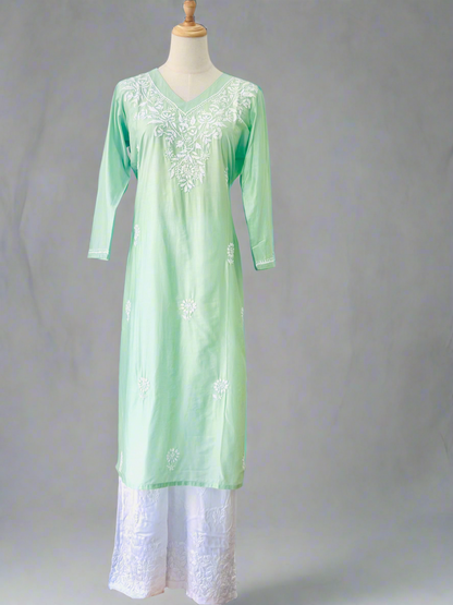Chikankari Long Kurta In Silk - Pastel Green