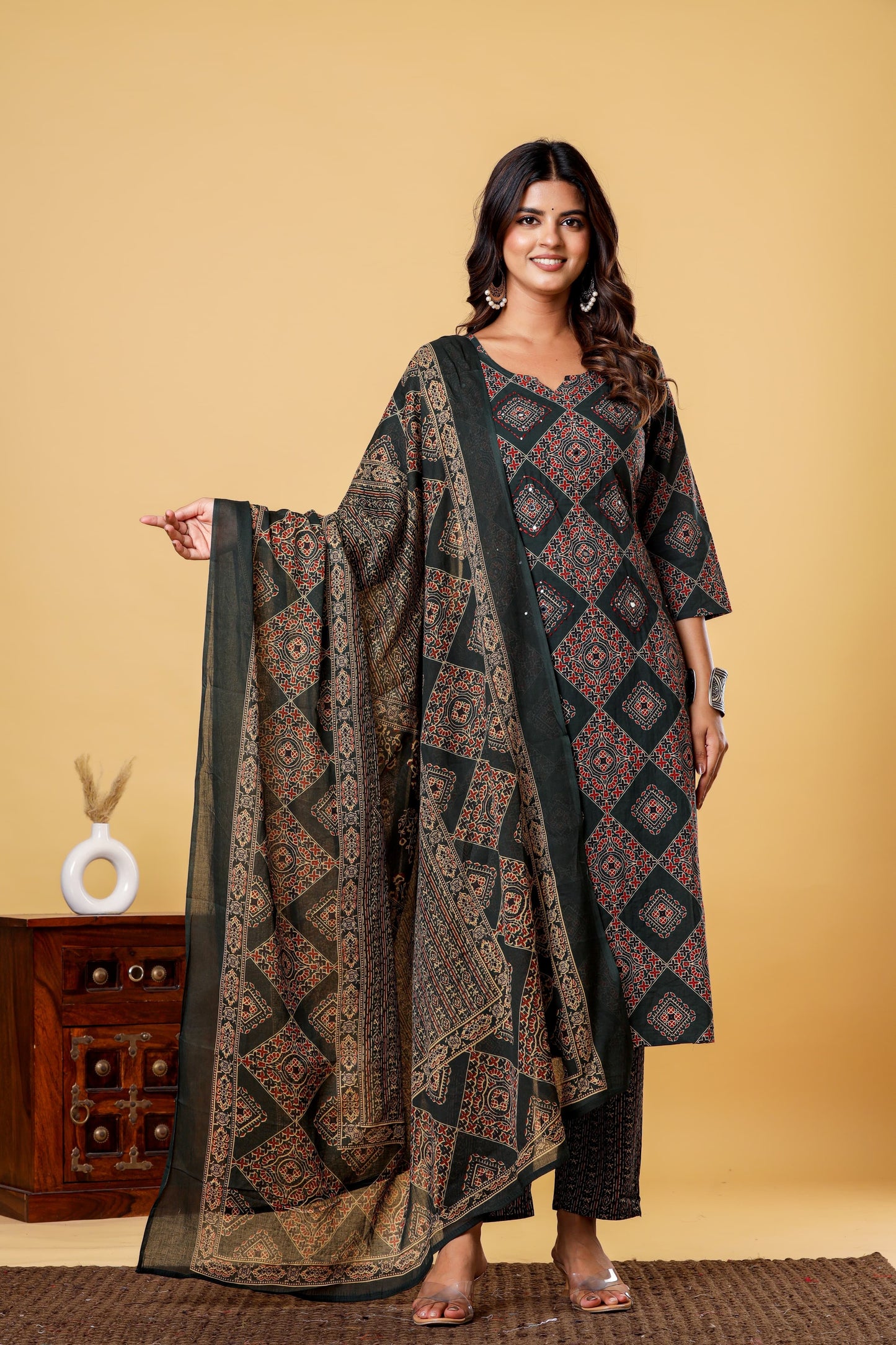 Bottle Green Cotton Printed Suit Set