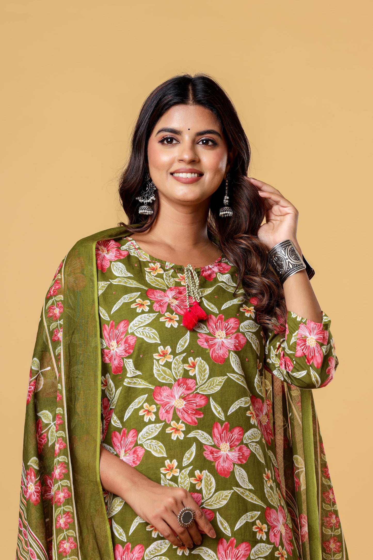 Olive Green Floral Block Printed Salwar Set