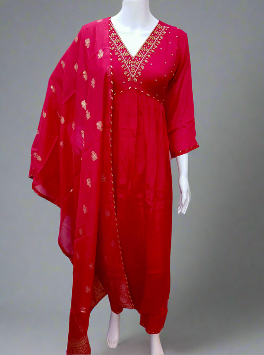 Hot Pink Georgette Umbrella Salwar Set with Zardosi Work on V Neck Line