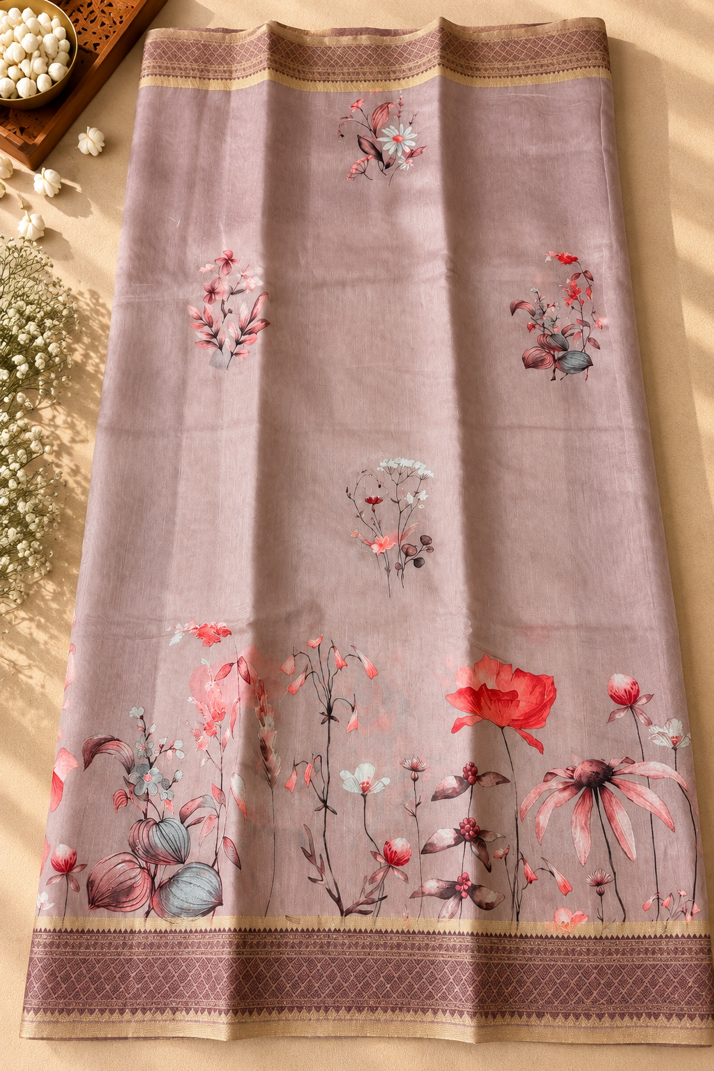 Floral Tissue Saree with Gold Border