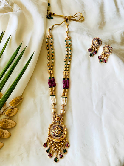 Temple Long Necklace Meenakari set- Ruby & Green Stones