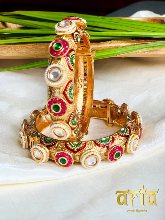 Pearl Studded Meenakari Kada Bangles with Kemp Stones