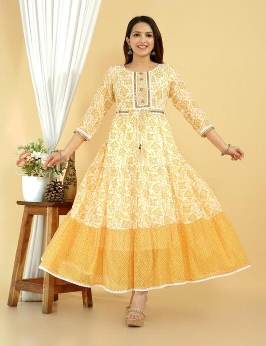 Yellow Printed Cotton Long Anarkali Kurthi