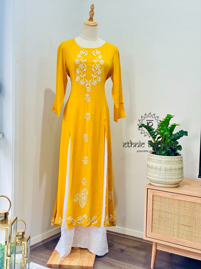 Chikankari Long Front Slit Kurta In Muslin - Mustard