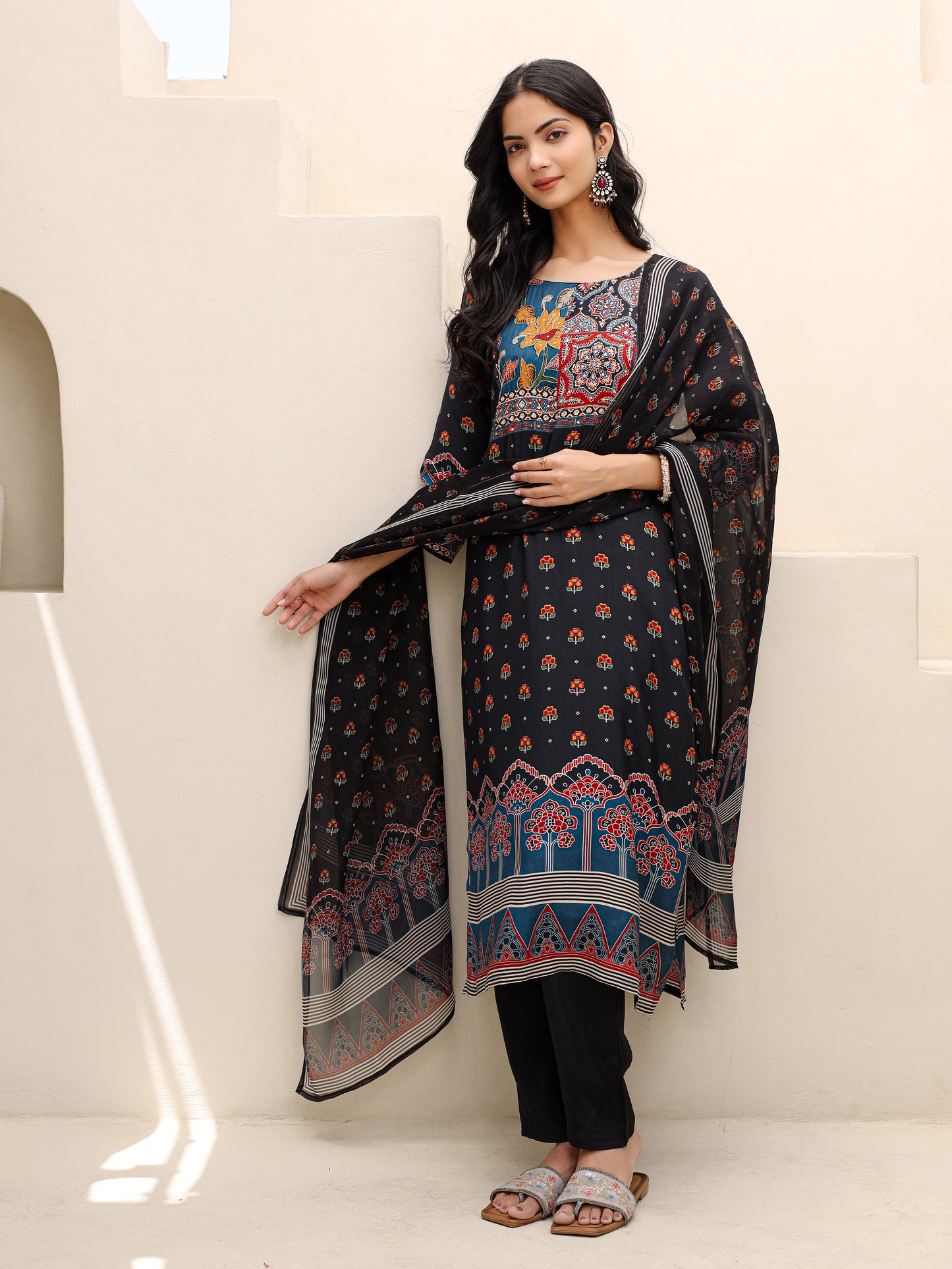 Black Printed Silk Salwar Set with Zardosi , U-Neck, and Three-Quarter Sleeves