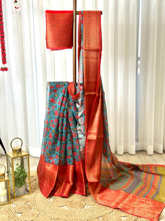 Silk Cotton Saree with Floral Prints & Zari Border