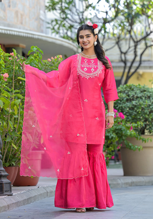 Hot Pink Gharara Set with Zardosi , and Three-Quarter Sleeves