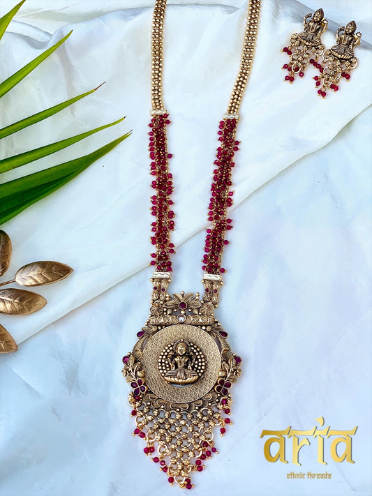 Lord Lakshmi Antique Temple Long Necklace set - Ruby Red