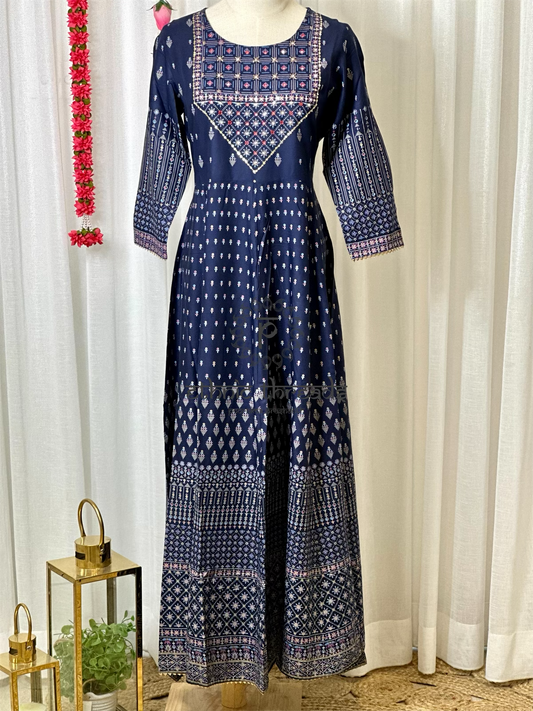 Navy Blue Cotton Anarkali Style Kurti