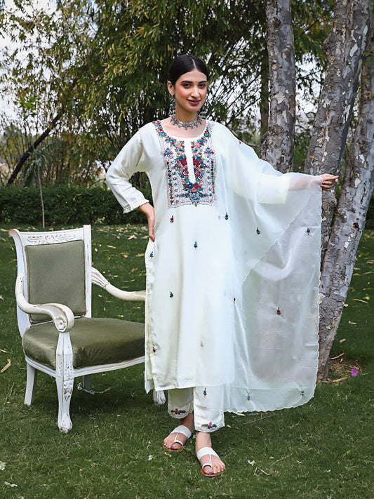 Cream Silk Salwar Set with Hand Embroidery on Neck Line , and Three-Quarter Sleeves