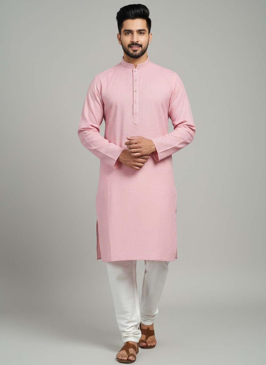 Cotton Mens Long Kurta- Mauve Pink