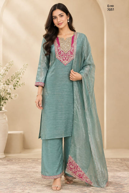Steel Blue Embroidered Kurta Palazzo Set