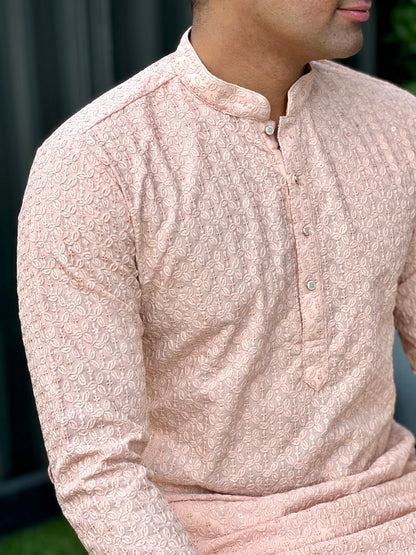 Chikankari for Men Long Kurta-Peach