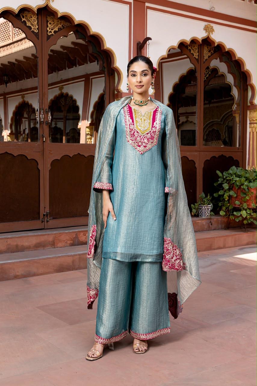 Steel Blue Embroidered Kurta Palazzo Set