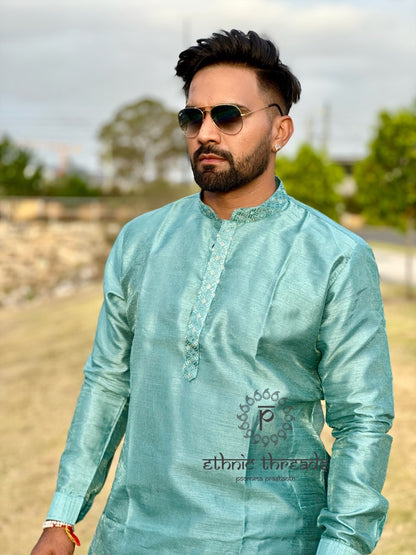 Raw Silk Mens Long Kurta with Embroidery Jacket