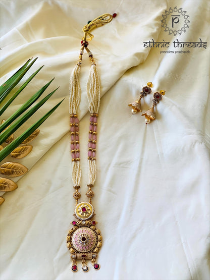 Temple Long Necklace Meenakari Kundan Set-Pink Stones