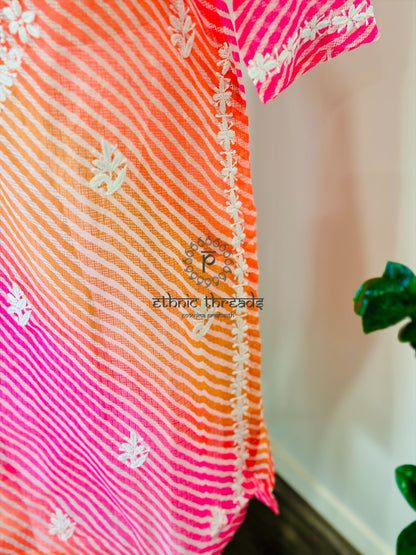 Chikankari Long Kurta In Kota - Orange
