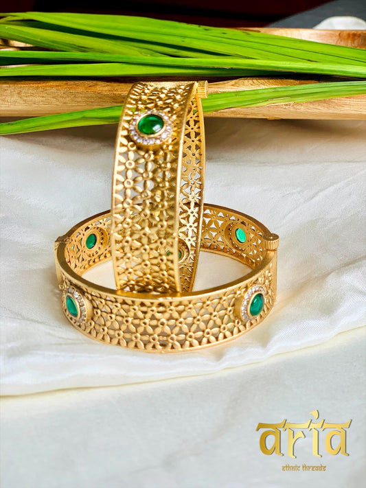 Golden Kada Bangles with AD Stones- Emerald